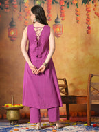 Myshka Women Wine Pure Cotton Embroidered Sleeveless Kurta Set Festive Wear - Distacart