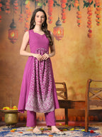 Myshka Women Wine Pure Cotton Embroidered Sleeveless Kurta Set Festive Wear - Distacart