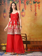 Myshka Women Red Tissue Embroidered Front Slit Strap Kurta Set Festive Wear - Distacart