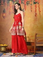 Myshka Women Red Tissue Embroidered Front Slit Strap Kurta Set Festive Wear - Distacart