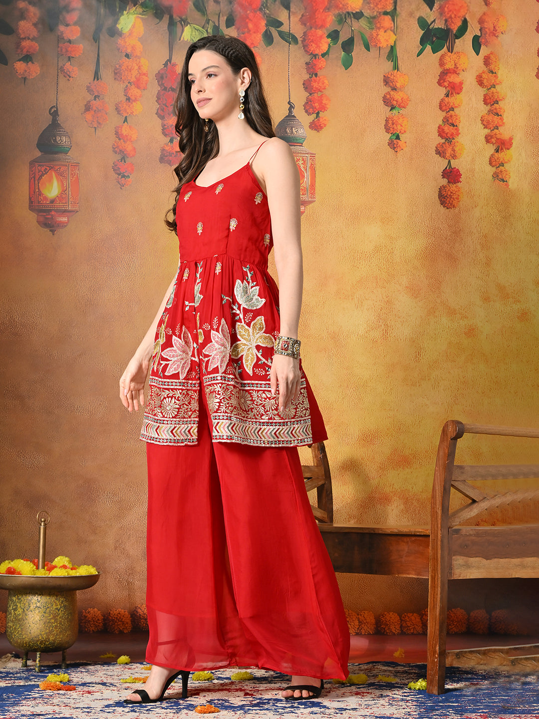 Myshka Women Red Tissue Embroidered Front Slit Strap Kurta Set Festive Wear - Distacart