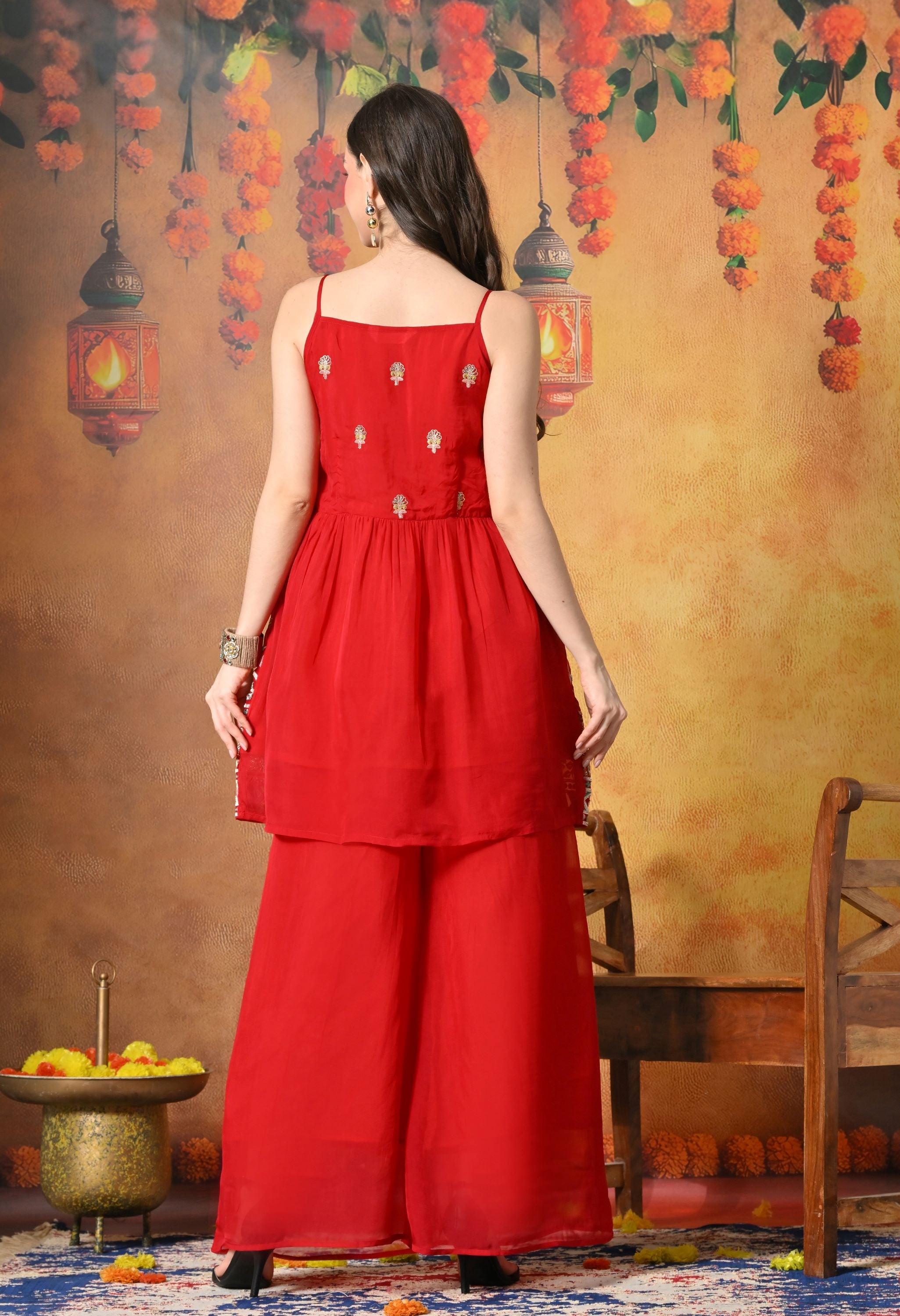 Myshka Women Red Tissue Embroidered Front Slit Strap Kurta Set Festive Wear - Distacart