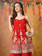 Myshka Women Red Tissue Embroidered Front Slit Strap Kurta Set Festive Wear - Distacart