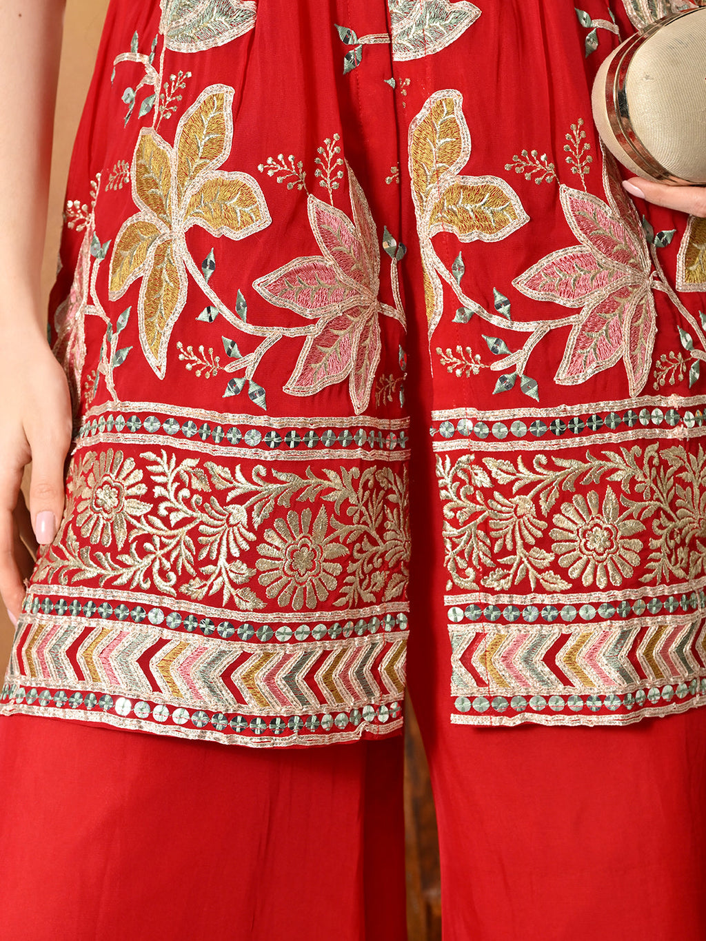 Myshka Women Red Tissue Embroidered Front Slit Strap Kurta Set Festive Wear - Distacart