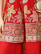 Myshka Women Red Tissue Embroidered Front Slit Strap Kurta Set Festive Wear - Distacart