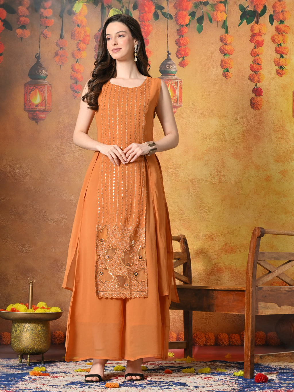 Myshka Women Fanta Embroidered Sleeveless High Slit Kurta Set Festive Wear