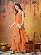 Myshka Women Fanta Embroidered Sleeveless High Slit Kurta Set Festive Wear