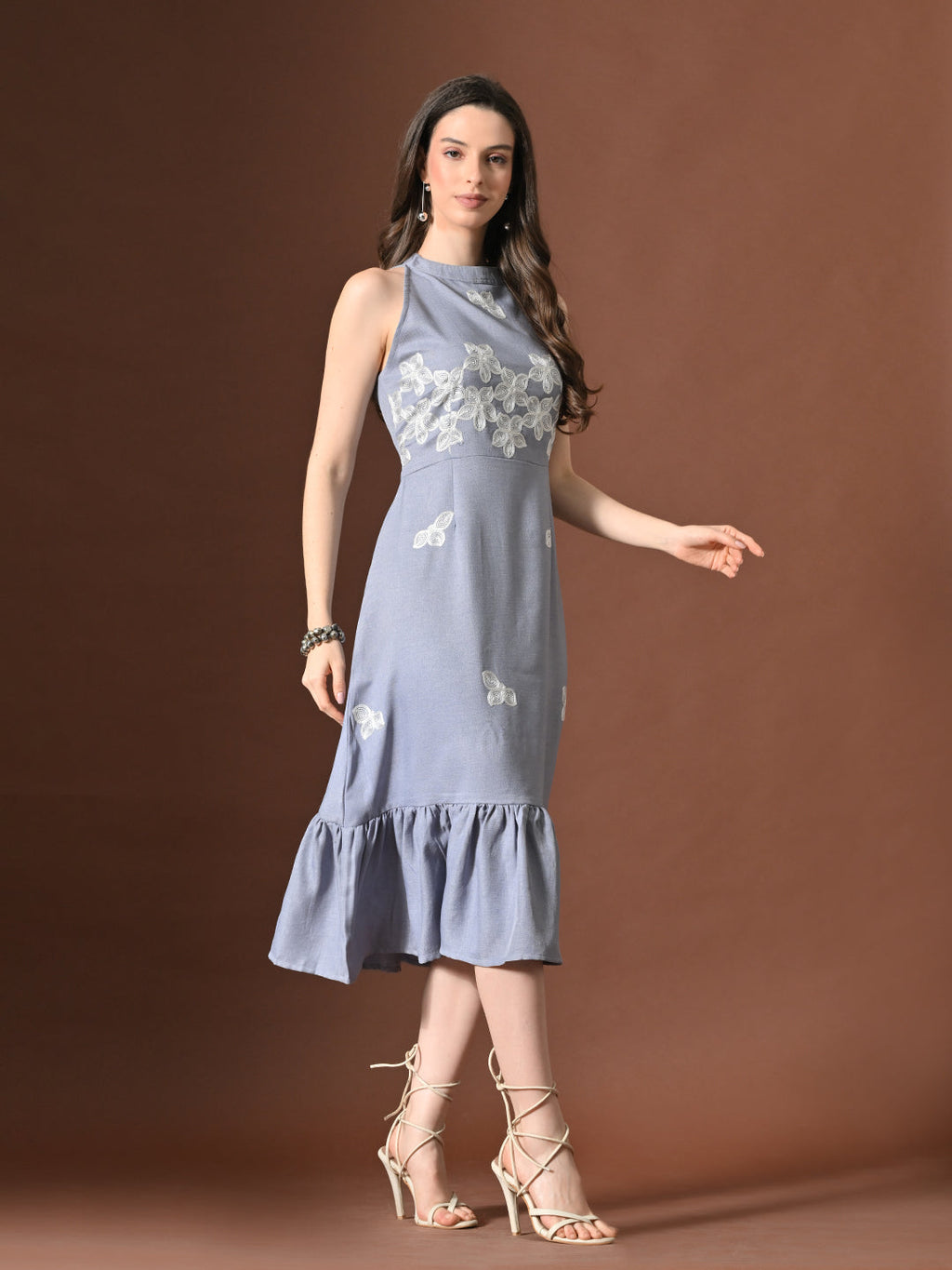Myshka Women Floral Embroidered Halter Neck Linen A-Line Dress Sleeves - Distacart
