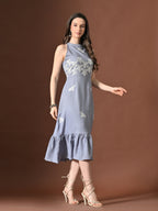 Myshka Women Floral Embroidered Halter Neck Linen A-Line Dress Sleeves - Distacart