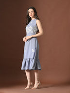 Myshka Women Floral Embroidered Halter Neck Linen A-Line Dress Sleeves - Distacart