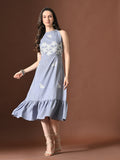 Myshka Women Floral Embroidered Halter Neck Linen A-Line Dress Sleeves - Distacart