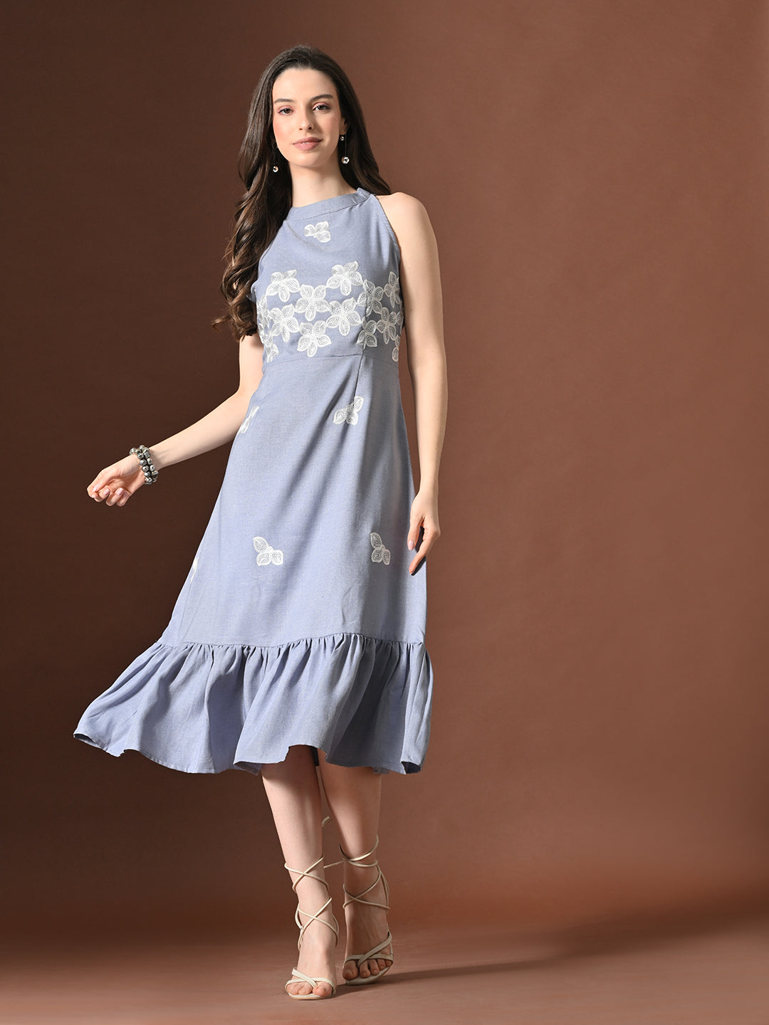 Myshka Women Floral Embroidered Halter Neck Linen A-Line Dress Sleeves - Distacart