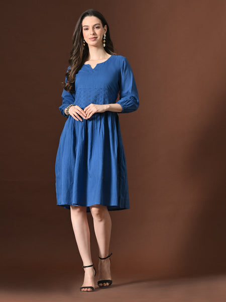 Myshka Women Embellished Embroidered Fit & Flare Dress Keyhole Neck Puff Sleeves