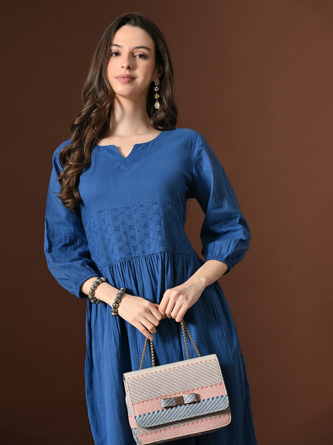 Myshka Women Embellished Embroidered Fit & Flare Dress Keyhole Neck Puff Sleeves - Distacart