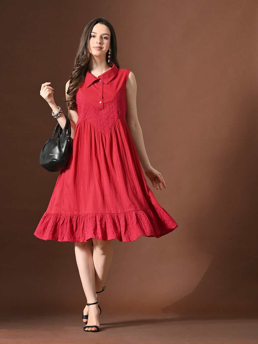 Myshka Women Embellished Embroidered Fit & Flare Dress Shirt Collar Sleeveless - Distacart