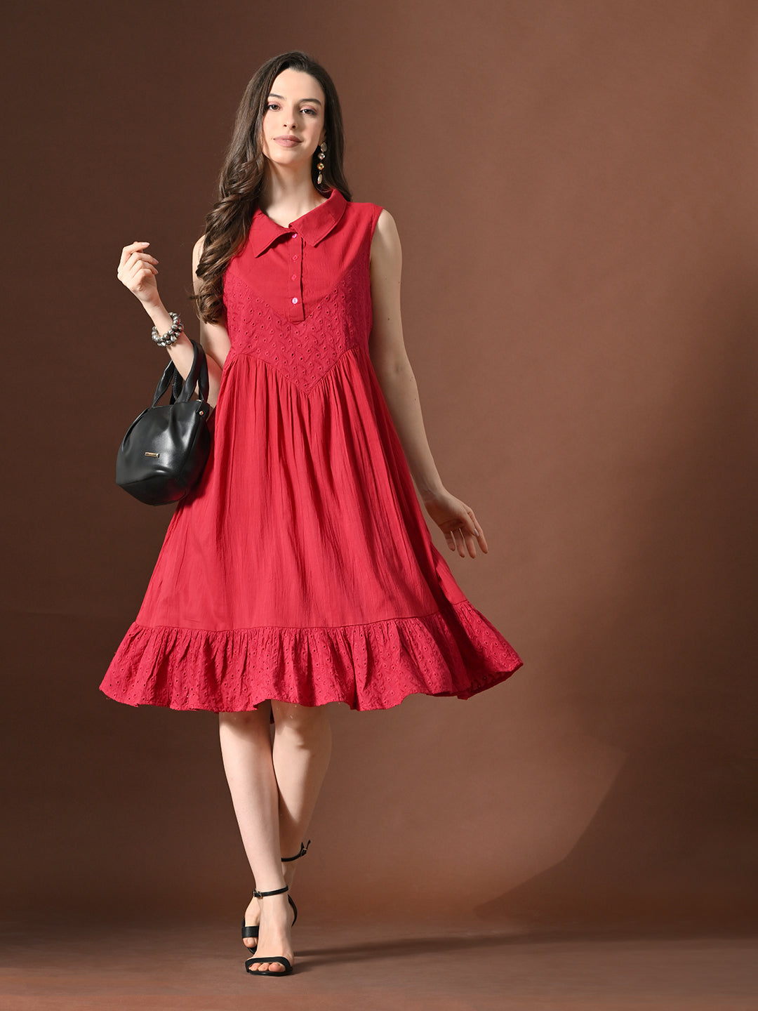 Myshka Women Embellished Embroidered Fit & Flare Dress Shirt Collar Sleeveless - Distacart