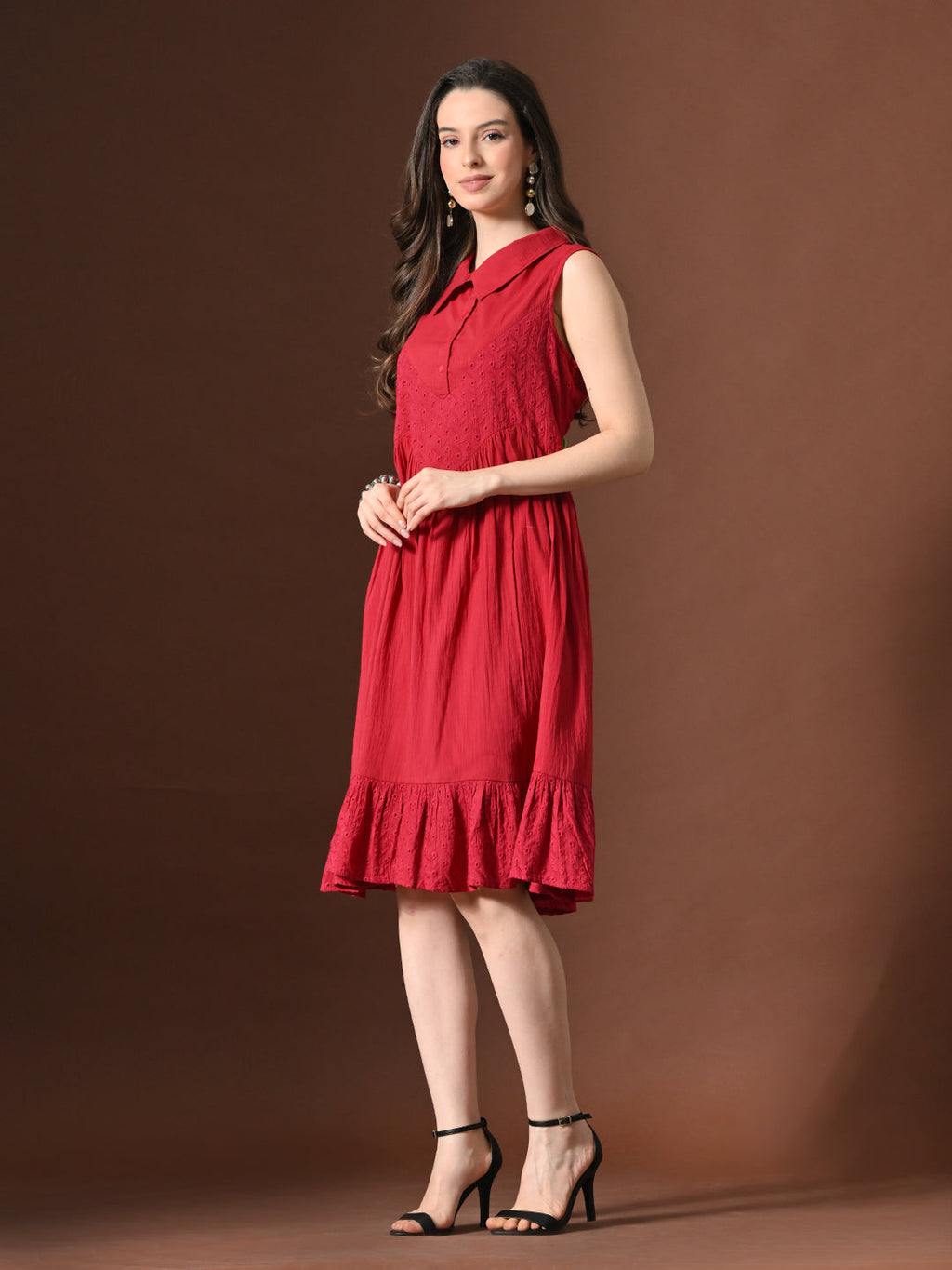 Myshka Women Embellished Embroidered Fit & Flare Dress Shirt Collar Sleeveless - Distacart