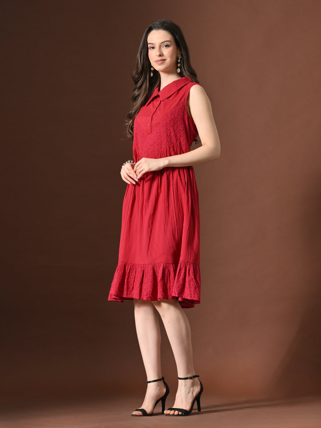 Myshka Women Embellished Embroidered Fit & Flare Dress Shirt Collar Sleeveless - Distacart