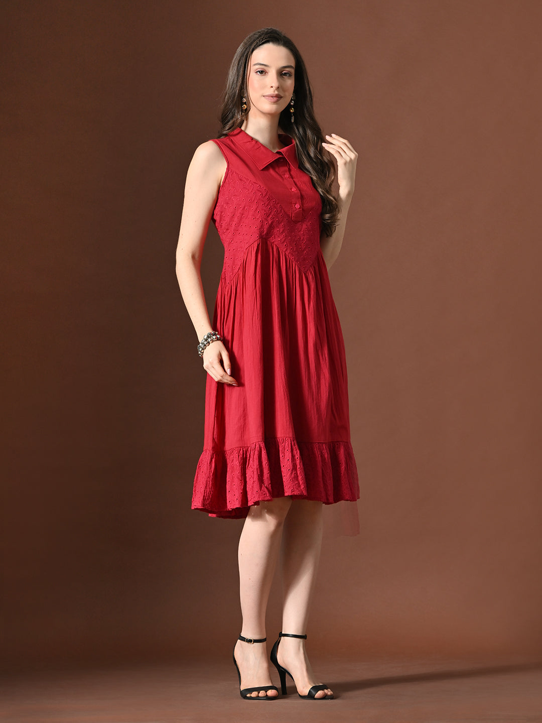 Myshka Women Embellished Embroidered Fit & Flare Dress Shirt Collar Sleeveless - Distacart
