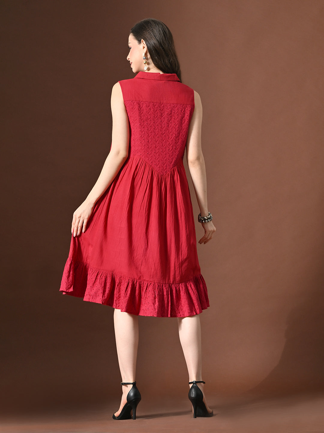 Myshka Women Embellished Embroidered Fit & Flare Dress Shirt Collar Sleeveless - Distacart