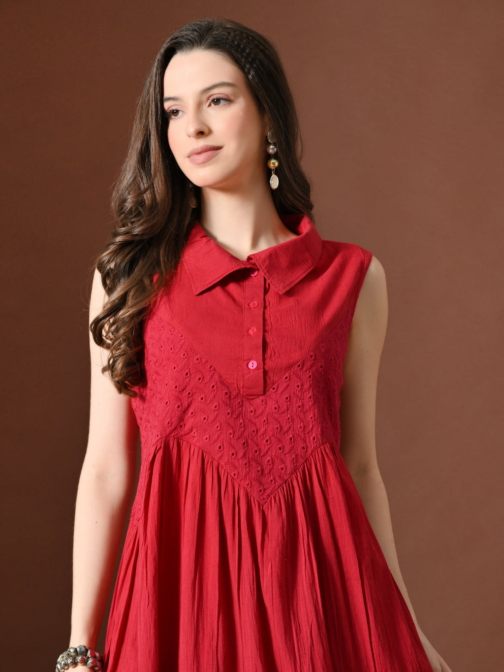 Myshka Women Embellished Embroidered Fit & Flare Dress Shirt Collar Sleeveless - Distacart