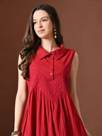 Myshka Women Embellished Embroidered Fit & Flare Dress Shirt Collar Sleeveless - Distacart