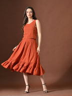 Myshka Women Rust Pure Cotton Sleeveless Schiffli Top and Flared Skirt