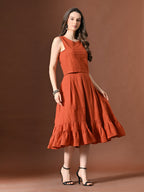 Myshka Women Rust Pure Cotton Sleeveless Schiffli Top and Flared Skirt