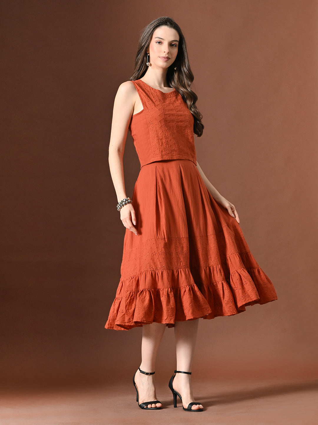 Myshka Women Rust Pure Cotton Sleeveless Schiffli Top and Flared Skirt