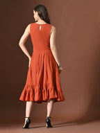 Myshka Women Rust Pure Cotton Sleeveless Schiffli Top and Flared Skirt