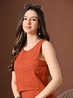 Myshka Women Rust Pure Cotton Sleeveless Schiffli Top and Flared Skirt