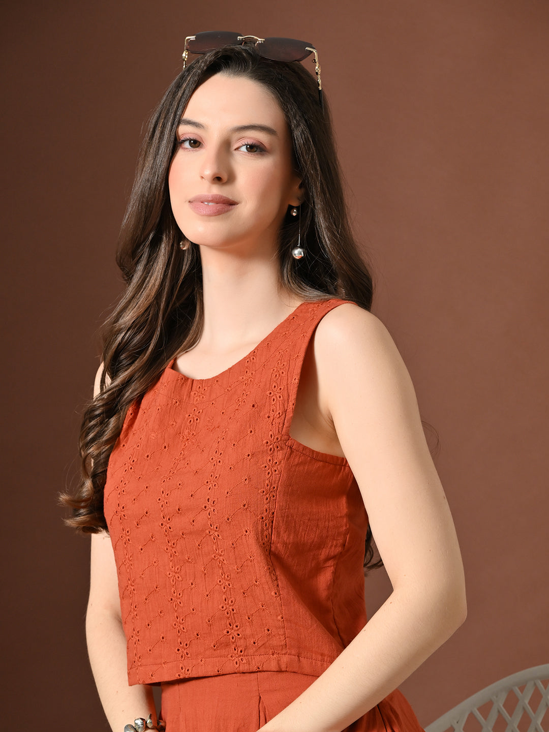 Myshka Women Rust Pure Cotton Sleeveless Schiffli Top and Flared Skirt