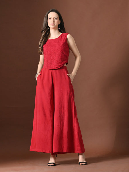 Myshka Women Red Pure Cotton Sleeveless Schiffli Top with Flared Trouser