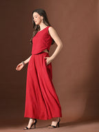 Myshka Women Red Pure Cotton Sleeveless Schiffli Top with Flared Trouser