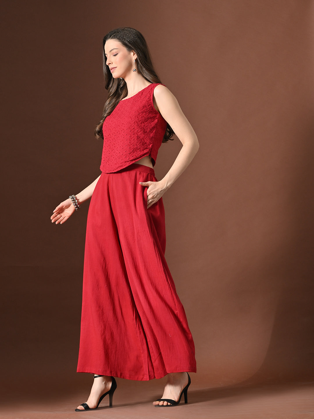 Myshka Women Red Pure Cotton Sleeveless Schiffli Top with Flared Trouser