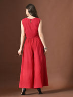 Myshka Women Red Pure Cotton Sleeveless Schiffli Top with Flared Trouser