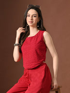 Myshka Women Red Pure Cotton Sleeveless Schiffli Top with Flared Trouser