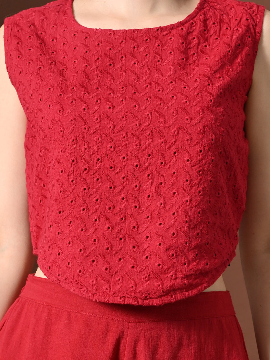 Myshka Women Red Pure Cotton Sleeveless Schiffli Top with Flared Trouser
