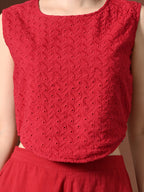 Myshka Women Red Pure Cotton Sleeveless Schiffli Top with Flared Trouser