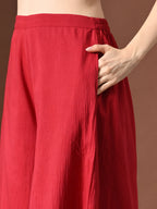 Myshka Women Red Pure Cotton Sleeveless Schiffli Top with Flared Trouser