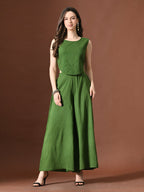 Myshka Women Green Pure Cotton Sleeveless Schiffli Top with Flared Trouser - Distacart