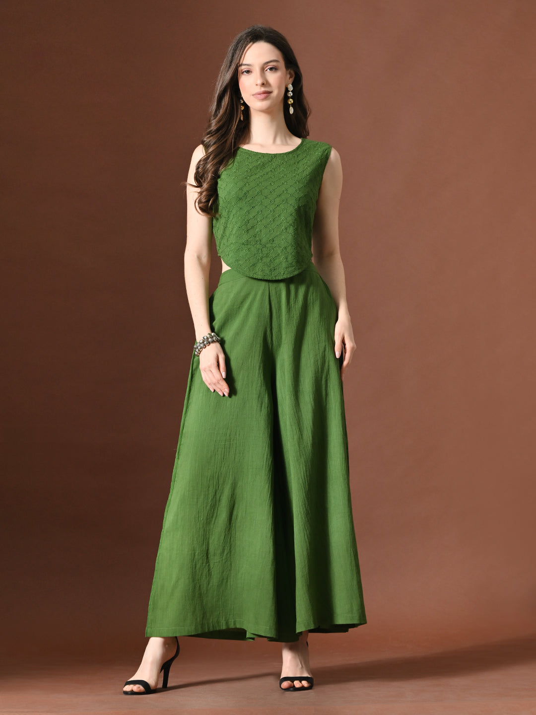 Myshka Women Green Pure Cotton Sleeveless Schiffli Top with Flared Trouser - Distacart