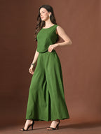 Myshka Women Green Pure Cotton Sleeveless Schiffli Top with Flared Trouser - Distacart