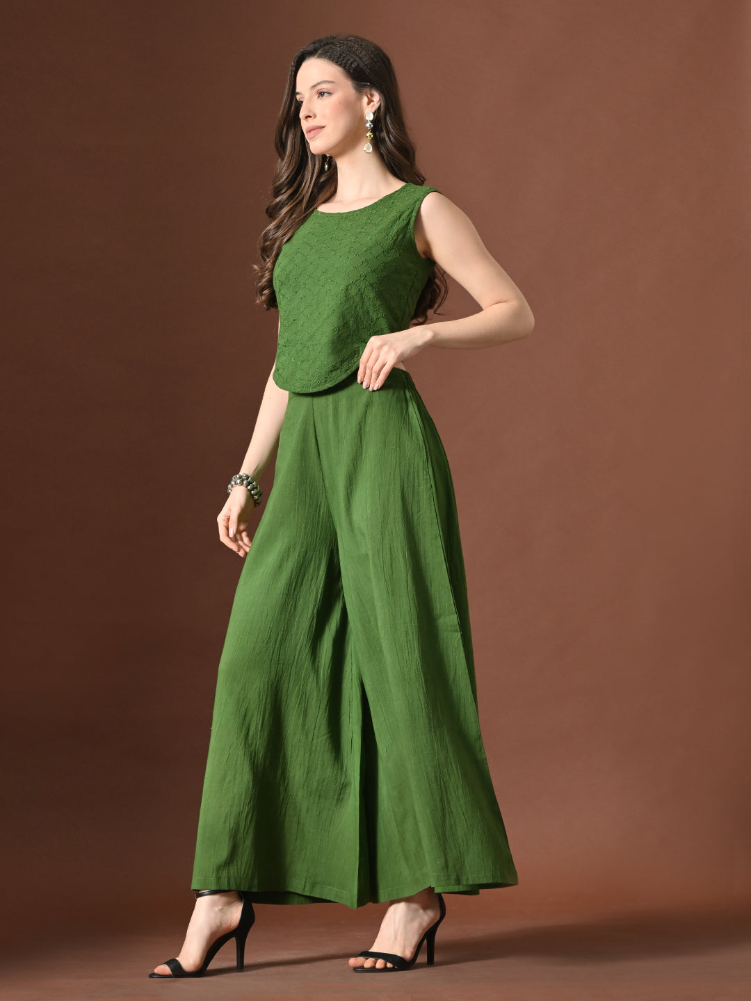 Myshka Women Green Pure Cotton Sleeveless Schiffli Top with Flared Trouser - Distacart