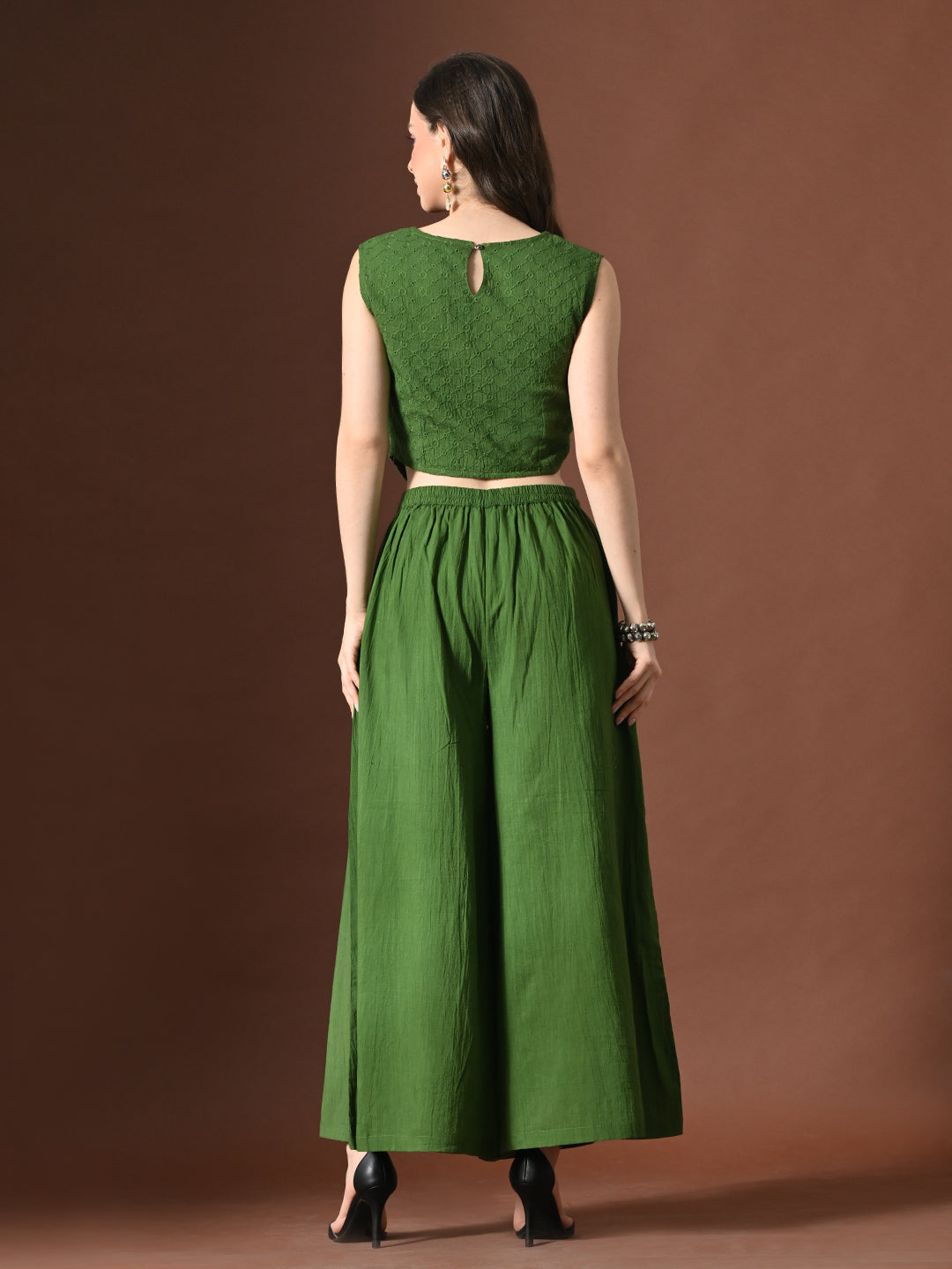 Myshka Women Green Pure Cotton Sleeveless Schiffli Top with Flared Trouser - Distacart