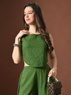 Myshka Women Green Pure Cotton Sleeveless Schiffli Top with Flared Trouser - Distacart