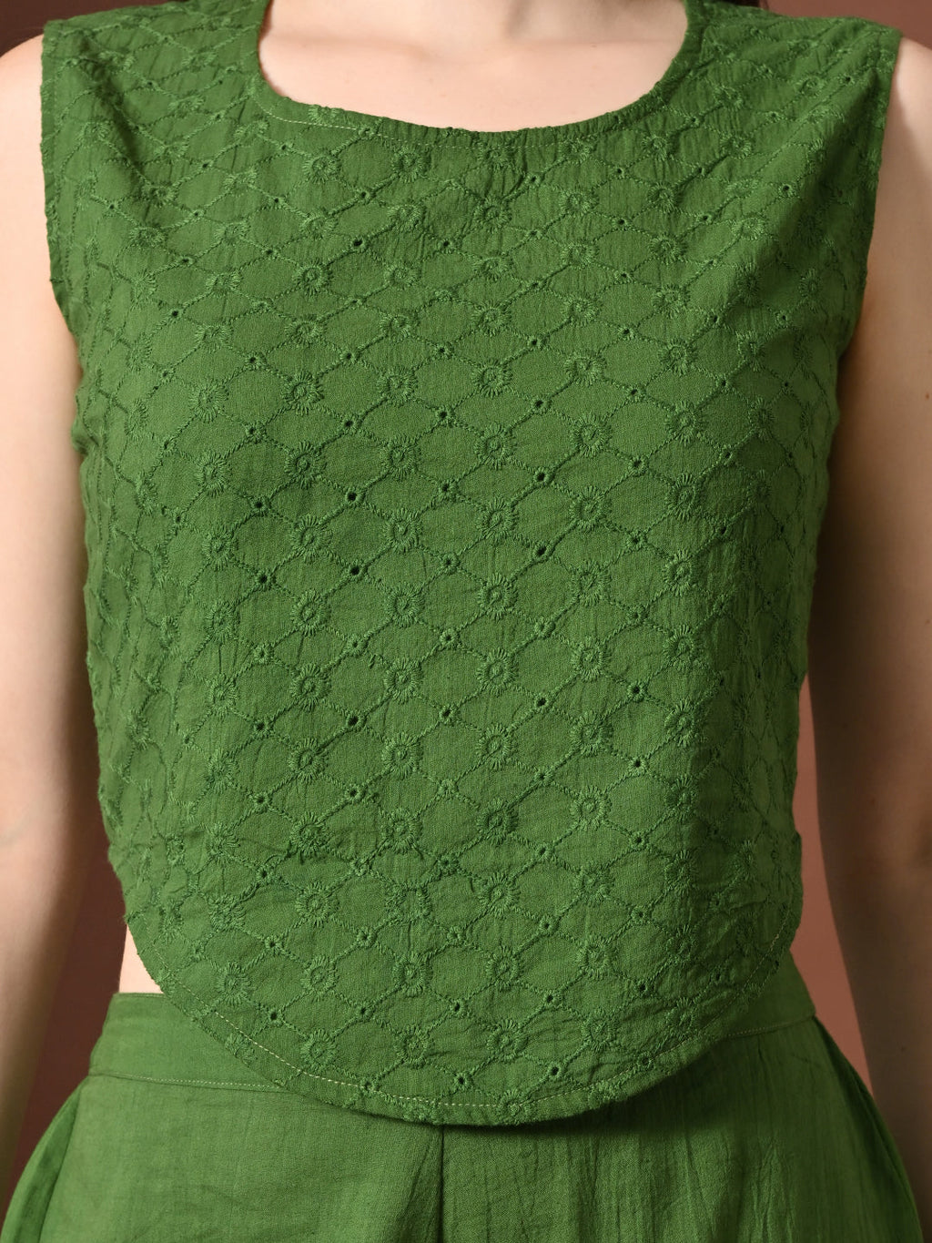 Myshka Women Green Pure Cotton Sleeveless Schiffli Top with Flared Trouser - Distacart