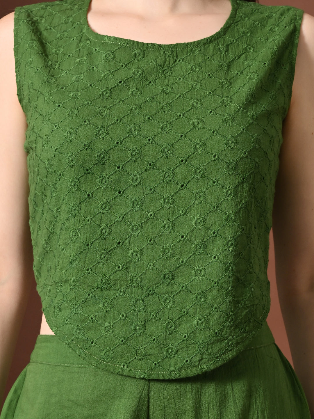 Myshka Women Green Pure Cotton Sleeveless Schiffli Top with Flared Trouser - Distacart