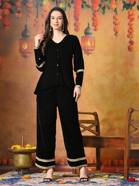 Myshka Women Black Velvet Shirt Embroidered Full Sleeves with Flared Trouser