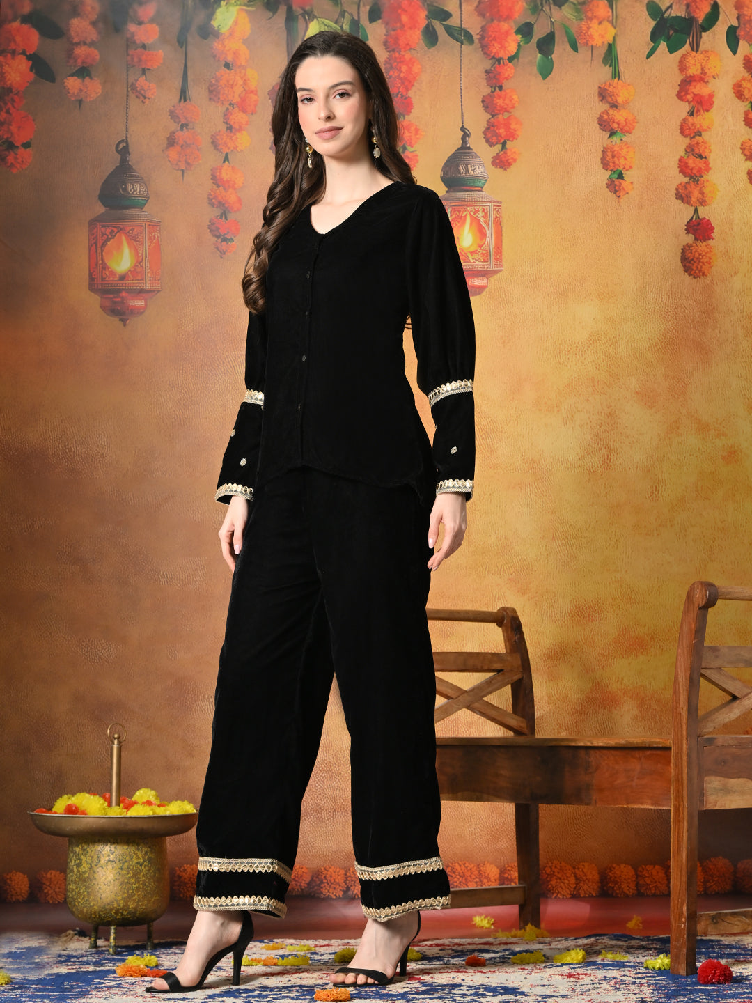 Myshka Women Black Velvet Shirt Embroidered Full Sleeves with Flared Trouser - Distacart